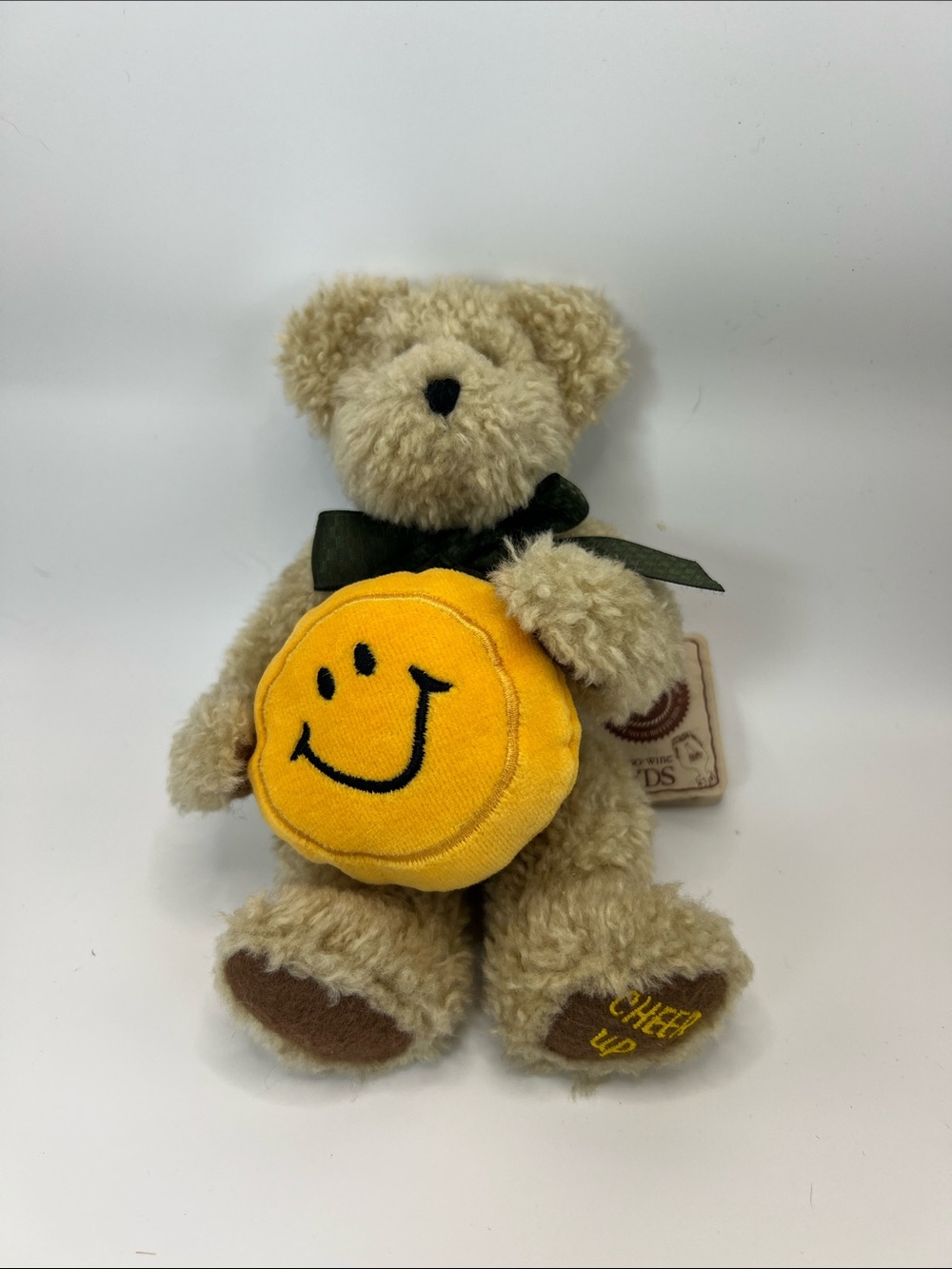 Boyds Bears Beige Teddy with Yellow Smiley and Dark Green Bow